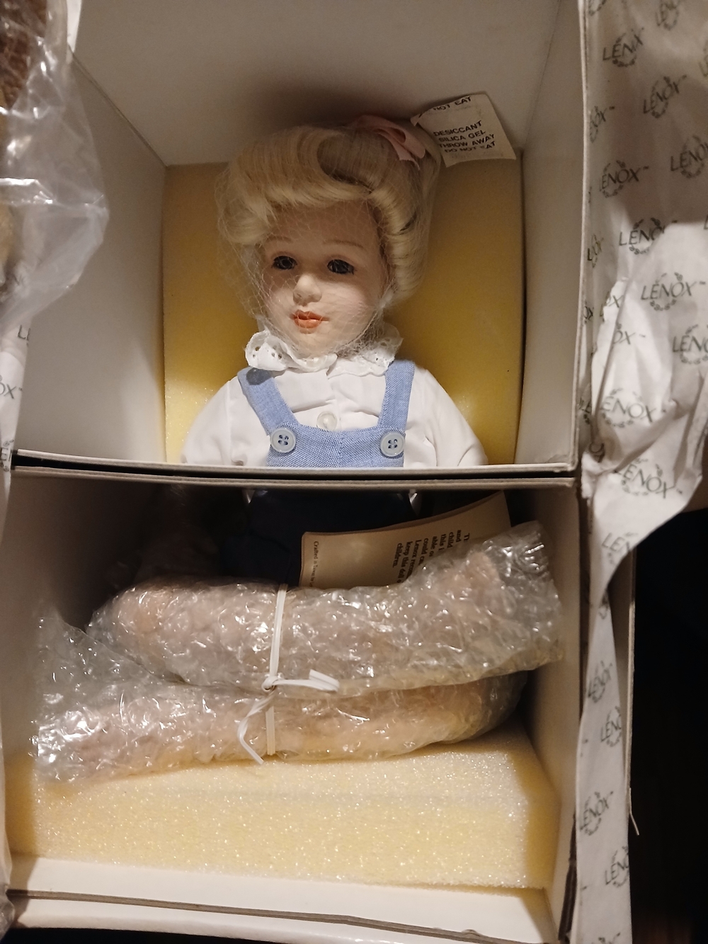 Lenox Porcelain Doll with Blue Overalls and Blonde Hair